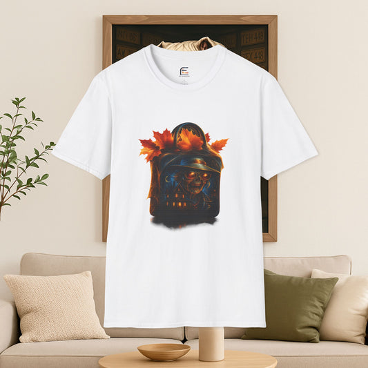 Autumn Skull T-Shirt, Graphic Tee for Fall, Halloween Celebration, Unisex Shirt, Cozy Casual Wear, Gift for Him and Her